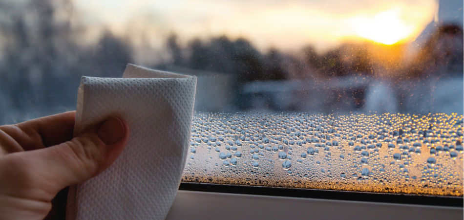 Gros plan sur la main d’une personne utilisant un essuie-tout pour sécher les gouttes de condensation sur une fenêtre en verre par un froid matin d’hiver au lever du soleil.