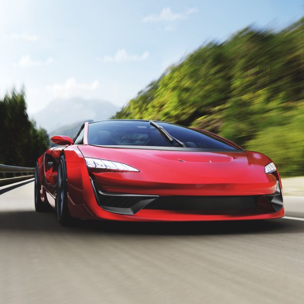 Une voiture de sport rouge vif en édition limitée roulant sur une autoroute panoramique.