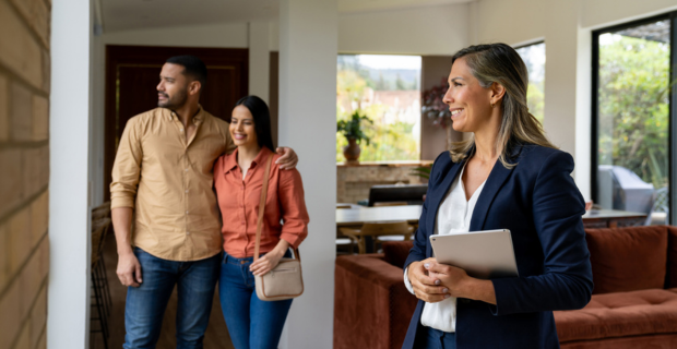 Un couple visite une nouvelle maison avec un agent immobilier, symbolisant le processus d’achat de votre première maison.