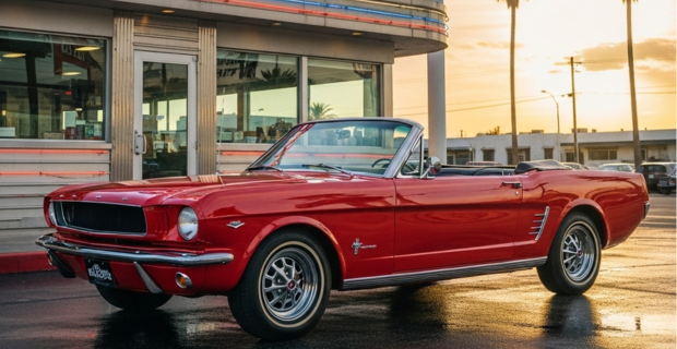 Cette voiture classique des années 60 est une Ford Mustang de 1964, de couleur rouge vif avec un toit décapotable, garée à côté d’un restaurant.