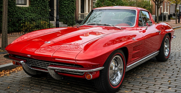 Une Chevrolet Corvette Sting Ray rouge garée dans une rue de la ville.